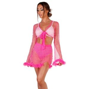 IHeartRaves Hot Pink Glamour Girl Pearl Studded Marabou Skirt Set! NWT